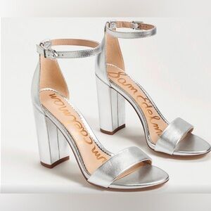 Women’s Sam Edelman Leather Yaro Block Heels Sandals Shoes Metallic Silver Sz 6